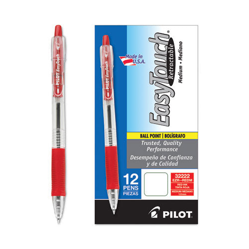 Image of Pilot® Easytouch Ballpoint Pen, Retractable, Medium 1 Mm, Red Ink, Clear Barrel, Dozen