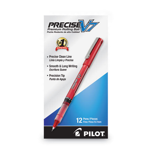 Image of Pilot® Precise V7 Rollerball Pen, Stick, Fine 0.7 mm, Red Ink, Red/Clear Barrel, Dozen