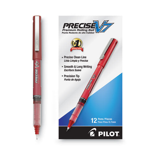 Image of Pilot® Precise V7 Rollerball Pen, Stick, Fine 0.7 mm, Red Ink, Red/Clear Barrel, Dozen