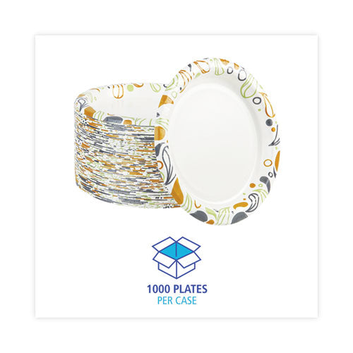 Image of Boardwalk® Deerfield Printed Paper Plates, 9" dia, Coated/Soak Proof, White/Yellow/Green/Purple, 125/Pack, 8 Packs/Carton
