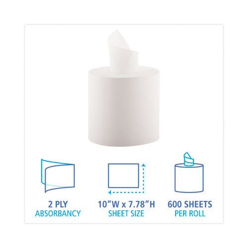 Image of Boardwalk® Center-Pull Hand Towels, 2-Ply, Perforated, 7.5 x 9, White, 600/Roll, 6 Rolls/Carton