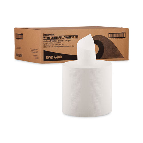 Image of Boardwalk® Center-Pull Hand Towels, 2-Ply, Perforated, 7.5 x 9, White, 600/Roll, 6 Rolls/Carton
