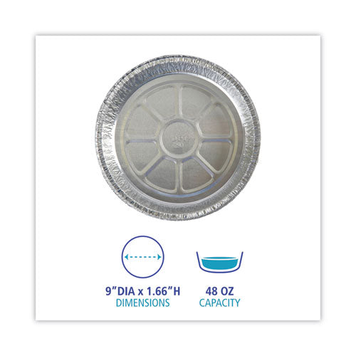 Image of Boardwalk® Round Aluminum To-Go Containers, 300 Gauge, 48 oz, 9" Diameter x 1.66" h, Silver, 500/Carton