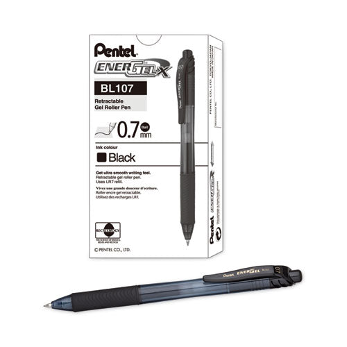 Image of Pentel® EnerGel-X Gel Pen, Retractable, Medium 0.7 mm, Black Ink, Smoke/Black Barrel, Dozen