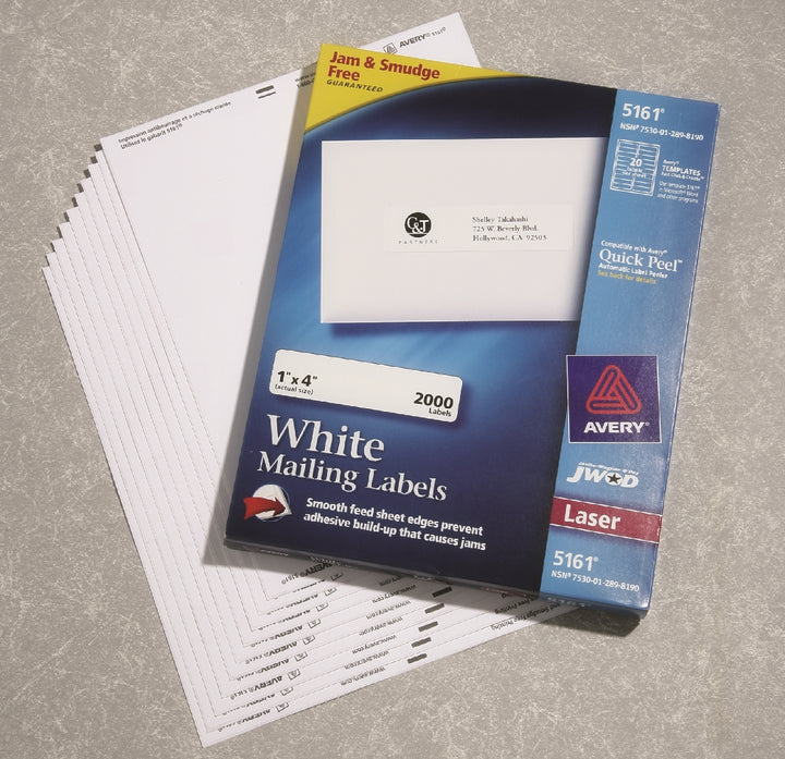 Image of Skilcraft/Avery White Laser Labels, Easypeel, 1" x 4", 20/Sheet, 2000 Labels
