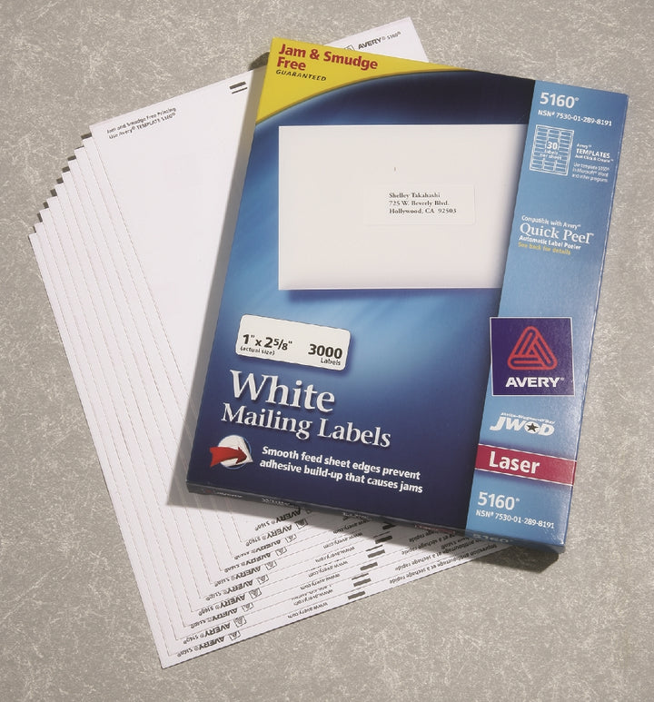 Image of Skilcraft/Avery White Laser Labels, Easypeel, 1" x 2-5/8", 30/Sheet, 3000 Labels