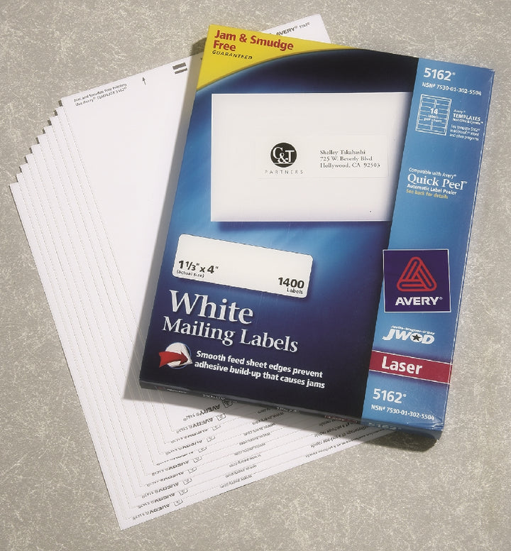 Image of Skilcraft/Avery White Laser Labels, Easypeel, 1-1/3" x 4", 14/Sheet, 1400 Labels