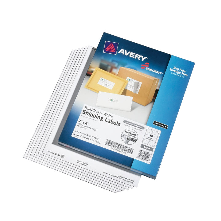 Image of Skilcraft/Avery White Laser Labels, Trueblock, 2" x 4", 10/Sheet, 1000 Labels