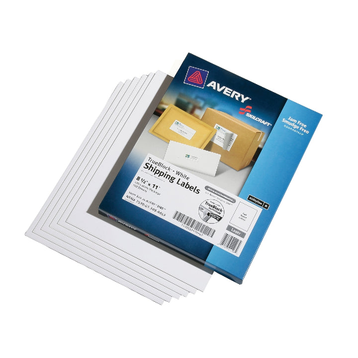 Image of Skilcraft/Avery White Laser Labels, Trueblock, 8-1/2" x 11", 1/Sheet, 100 Labels