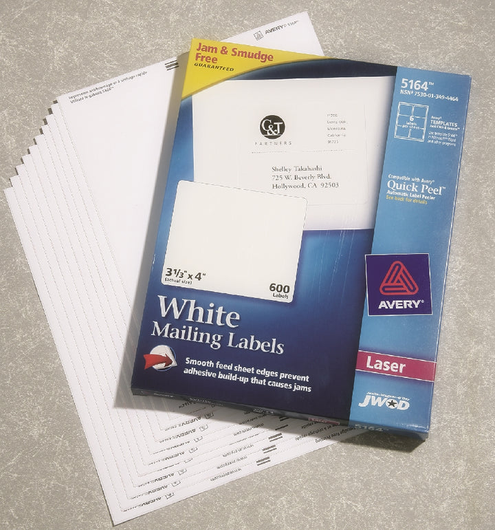 Image of Skilcraft/Avery White Laser Labels, Trueblock, 3-1/3" x 4", 6/Sheet, 600 Labels