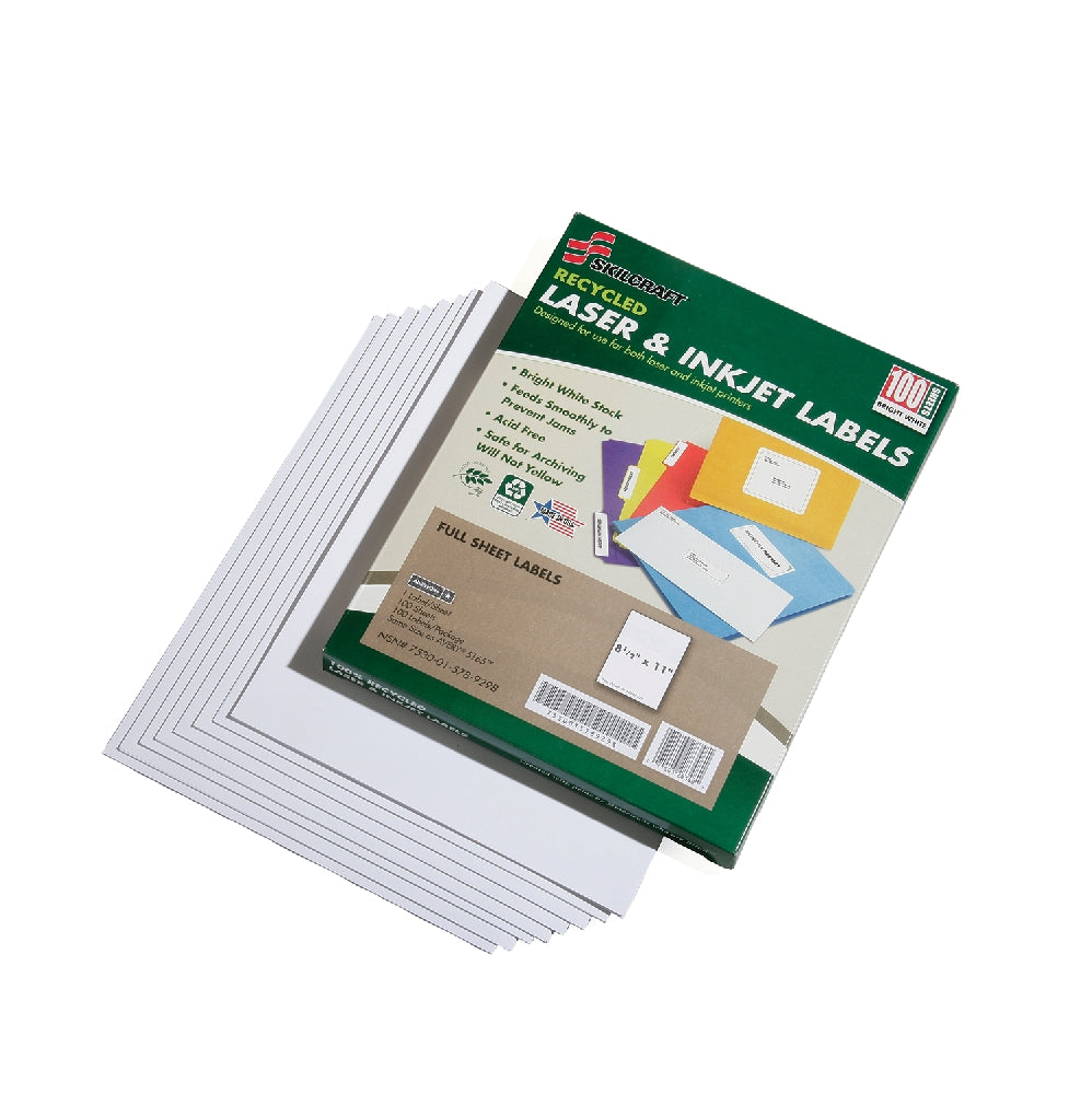 Image of Recycled Laser and Inkjet Labels, Full Sheet, 8-1/2" x 11", 1/Sheet, 100 Labels
