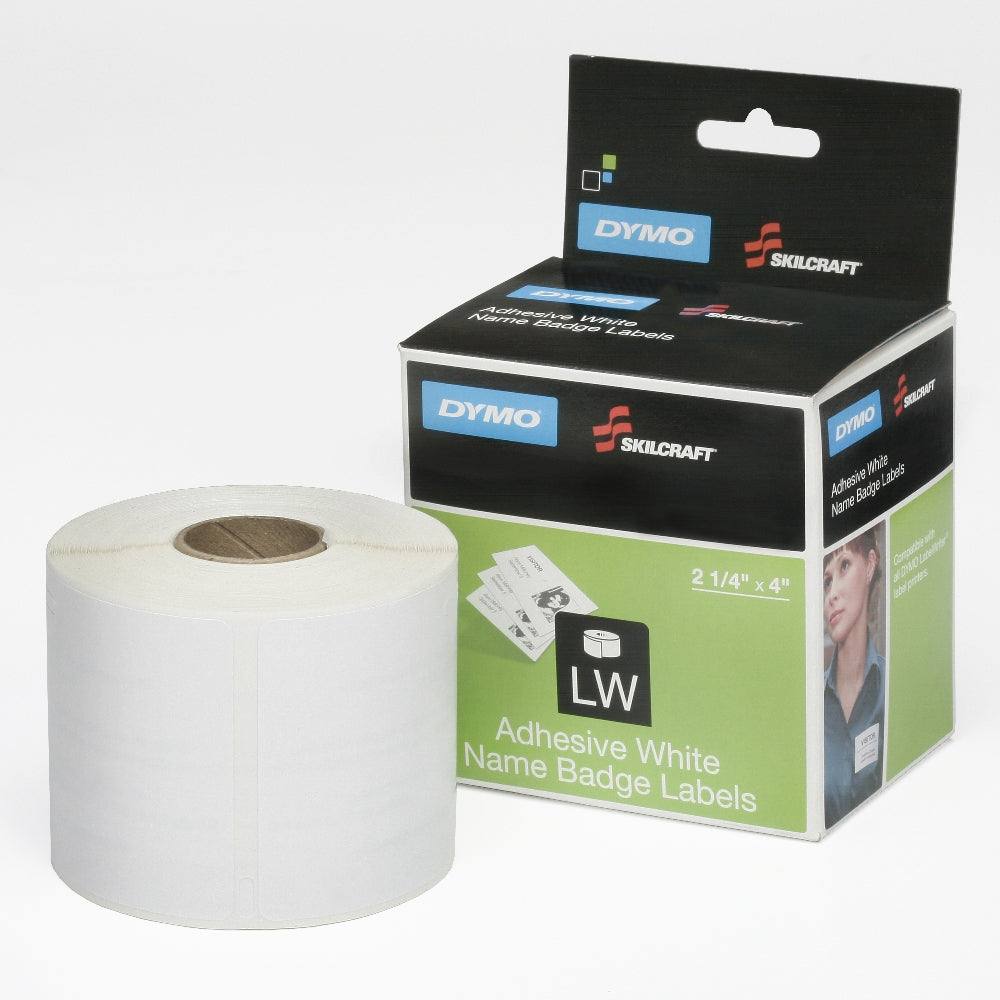Image of Dymo/Skilcraft Adhesive Name Badge Label, Clip Hole, 2-1/4" x 4", Black on White