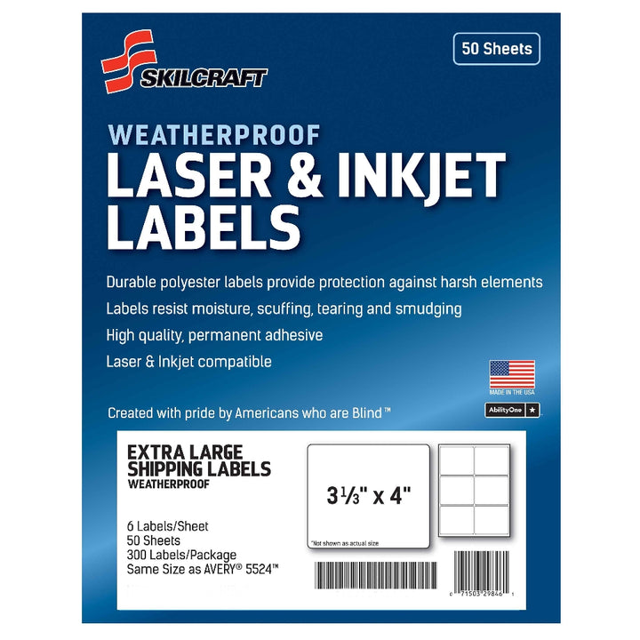 Image of Weatherproof Laser and Inkjet Labels, Extra Large Shipping, 3-1/3" x 4", 6/Sheet, 300 Labels