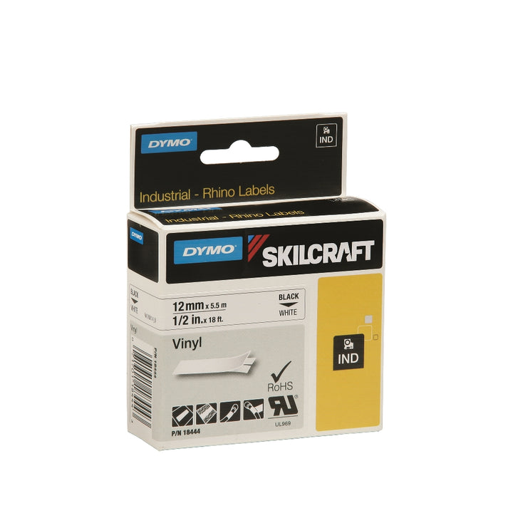 Image of Dymo/Skilcraft Industrial Rhino Vinyl Label Tape Cassette, Black on White, 1/2" x 18’