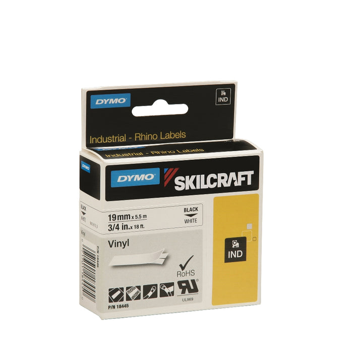 Image of Dymo/Skilcraft Industrial Rhino Vinyl Label Tape Cassette, Black on White, 3/4" x 18’