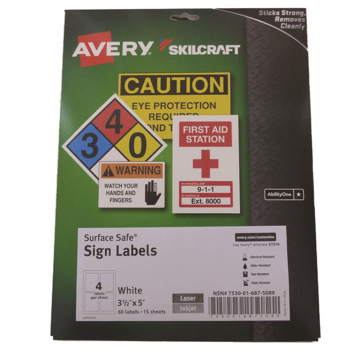 Image of Skilcraft/Avery Surface Safe Sign Labels, 3-1/2" x 5",  4/Sheet, 60 Labels