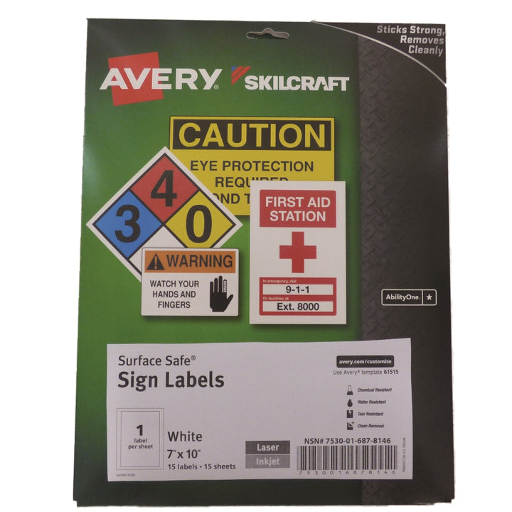 Image of Skilcraft/Avery Surface Safe Sign Labels, 7" x 10", 1/Sheet, 15 Labels