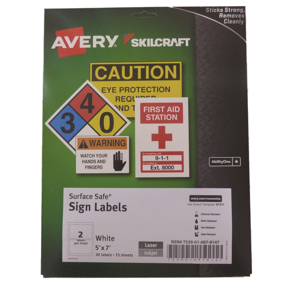 Image of Skilcraft/Avery Surface Safe Sign Labels, 5" x 7", 2/Sheet, 30 Labels