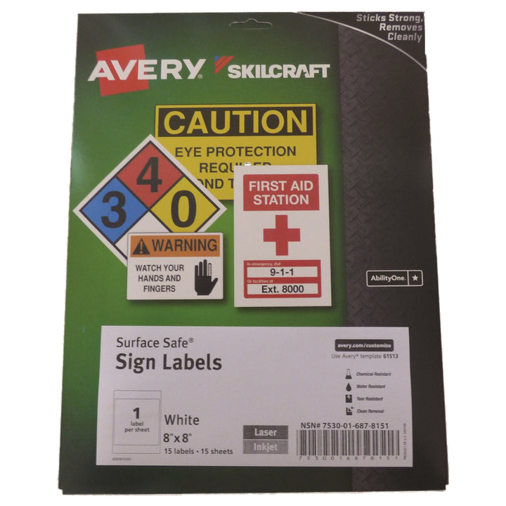 Image of Skilcraft/Avery Surface Safe Sign Labels, 8" x 8", 1/Sheet, 15 Labels