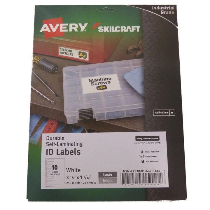 Image of Skilcraft/Avery Durable Self-Laminating ID Labels, Permanent Adhesive, 1-1/32" x 3-1/2", 10/Sheet, 250 Labels