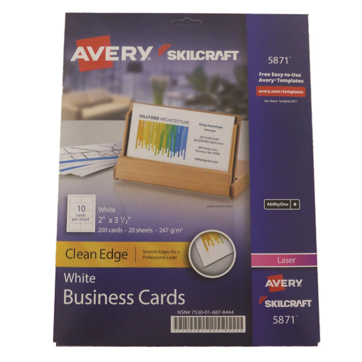 Image of Skilcraft/Avery Clean Edge Business Cards, Uncoated, Two-Sided Printing, 2" x 3-1/2", 10/Sheet, 200 Cards