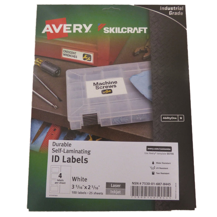 Image of Skilcraft/Avery Durable Self-Laminating ID Labels, Permanent Adhesive, 2-5/16" x 3-5/16", 4/Sheet, 100 Labels