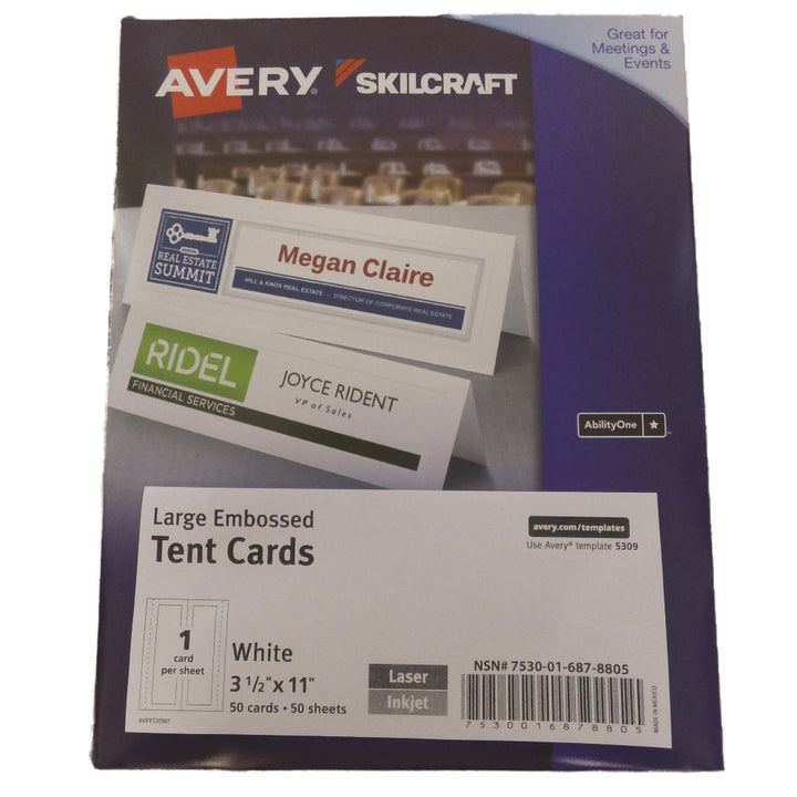 Image of Skilcraft/Avery Tent Cards, Uncoated, Embossed, Two-Sided Printing, Large 3-1/2" x 11", 1/Sheet, 50 Cards