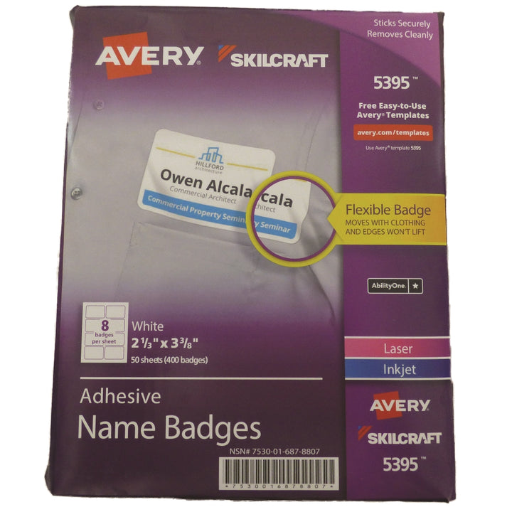 Image of Skilcraft/Avery Adhesive Name Badges, 2-1/3" x 3-3/8", 8/Sheet, 400 Badges