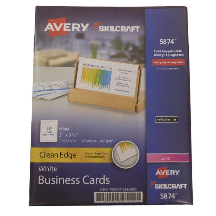 Image of Skilcraft/Avery Clean Edge Business Cards, Uncoated, Two-Sided Printing, 2" x 3-1/2", 10/Sheet, 1000 Cards
