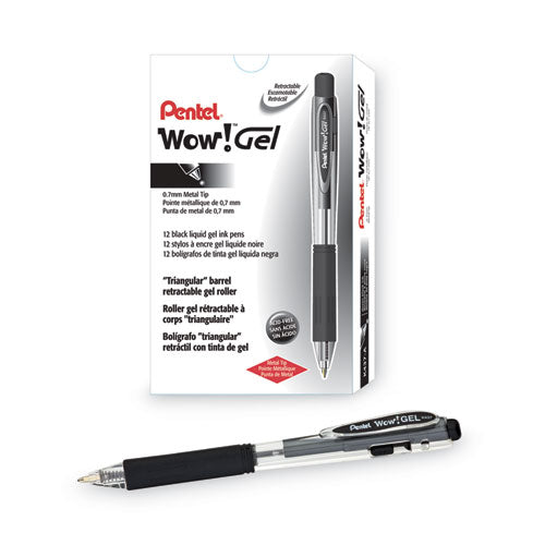 Image of Pentel® Wow! Gel Pen, Retractable, Medium 0.7 Mm, Black Ink, Clear/black Barrel, Dozen