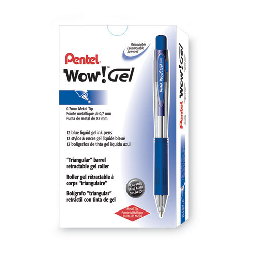 Image of Pentel® Wow! Gel Pen, Retractable, Medium 0.7 Mm, Blue Ink, Clear/blue Barrel, Dozen