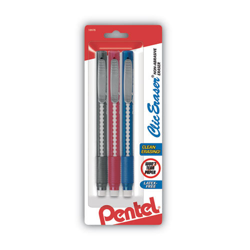 Image of Pentel® Clic Eraser Grip Eraser, For Pencil Marks, White Eraser, Randomly Assorted Barrel Color, 3/pack