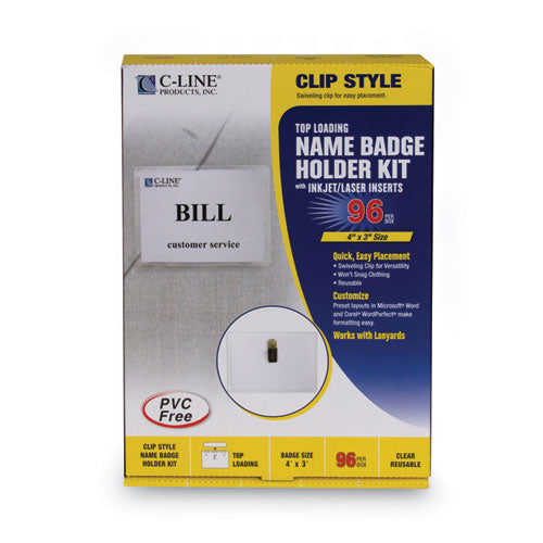Image of C-Line® Name Badge Kits, Top Load, 4 X 3, Clear, Clip Style, 96/box