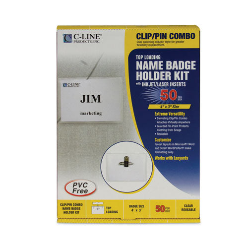 Image of C-Line® Name Badge Kits, Top Load, 4 X 3, Clear, Combo Clip/pin, 50/box