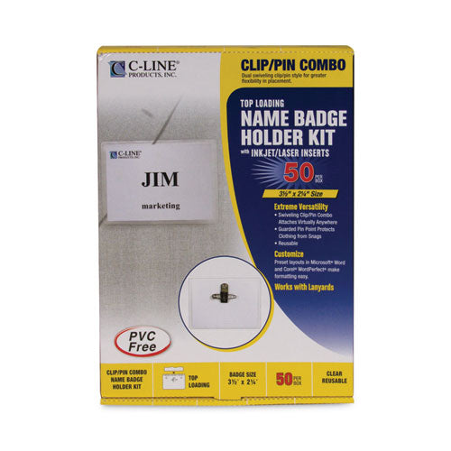 Image of C-Line® Name Badge Kits, Top Load, 3 1/2 X 2 1/4, Clear, Combo Clip/pin, 50/box