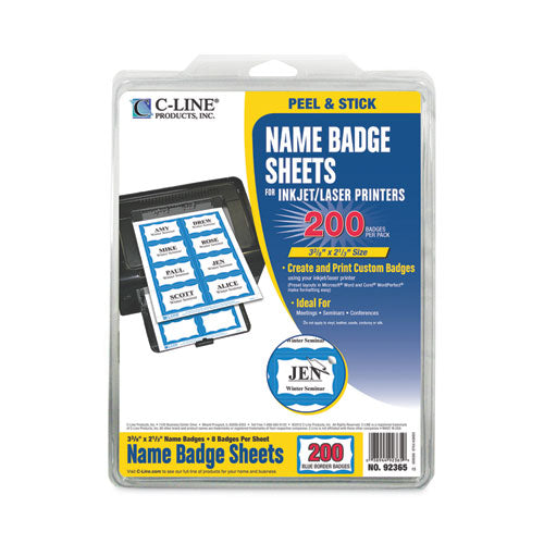 Image of C-Line® Laser Printer Name Badges, 3 3/8 X 2 1/3, White/blue, 200/box