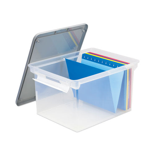 Image of Storex Portable File Tote With Locking Handles, Letter/legal Files, 18.5" X 14.25" X 10.88", Clear/silver
