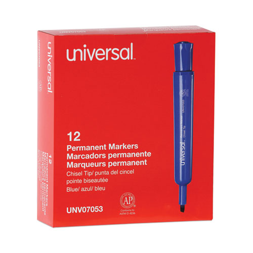 Image of Universal Chisel Tip Permanent Marker, Broad Chisel Tip, Blue, Dozen