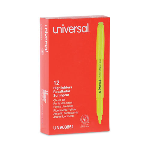 Image of Universal Pocket Highlighters, Fluorescent Yellow Ink, Chisel Tip, Yellow Barrel, Dozen
