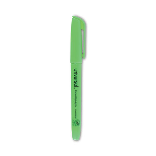Image of Universal Pocket Highlighters, Fluorescent Green Ink, Chisel Tip, Green Barrel, Dozen