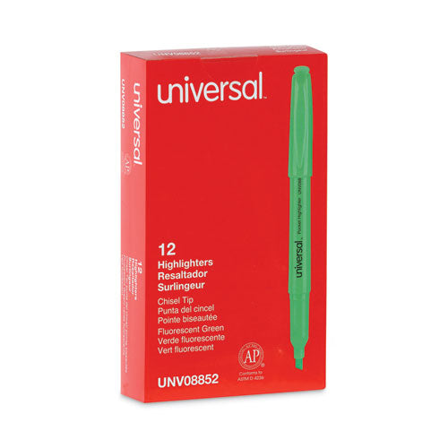 Image of Universal Pocket Highlighters, Fluorescent Green Ink, Chisel Tip, Green Barrel, Dozen