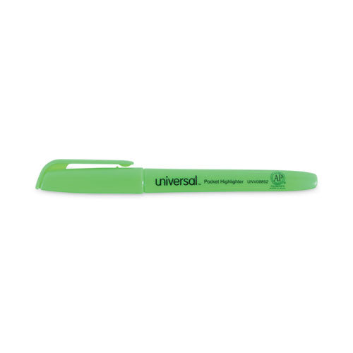 Image of Universal Pocket Highlighters, Fluorescent Green Ink, Chisel Tip, Green Barrel, Dozen