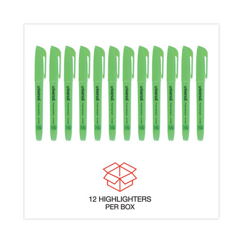 Image of Universal Pocket Highlighters, Fluorescent Green Ink, Chisel Tip, Green Barrel, Dozen
