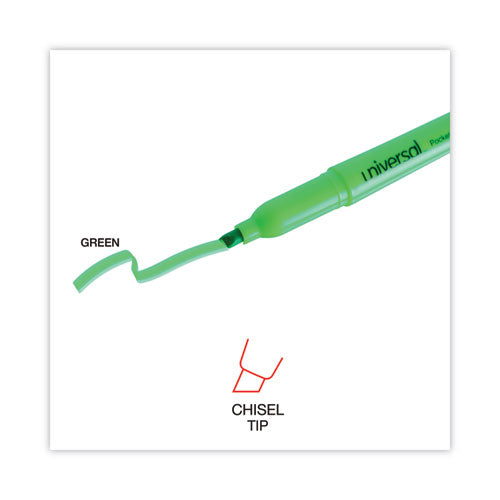 Image of Universal Pocket Highlighters, Fluorescent Green Ink, Chisel Tip, Green Barrel, Dozen