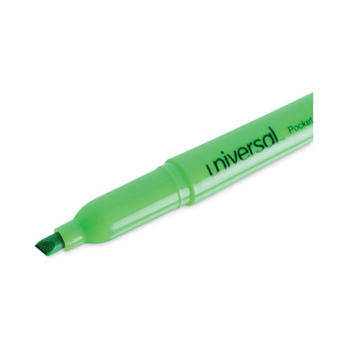 Image of Universal Pocket Highlighters, Fluorescent Green Ink, Chisel Tip, Green Barrel, Dozen