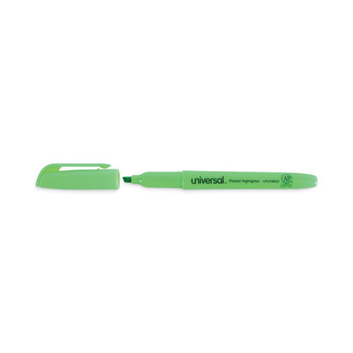 Image of Universal Pocket Highlighters, Fluorescent Green Ink, Chisel Tip, Green Barrel, Dozen