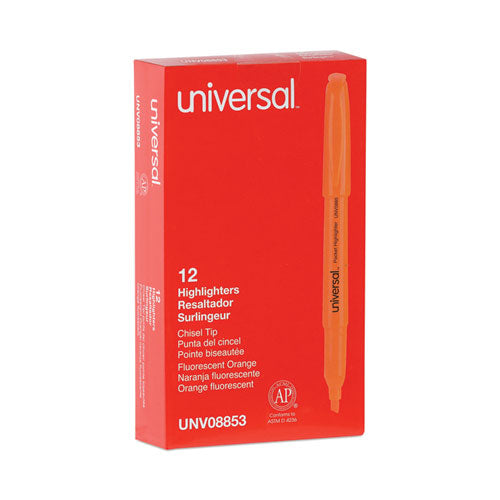 Image of Universal Pocket Highlighters, Fluorescent Orange Ink, Chisel Tip, Orange Barrel, Dozen