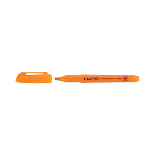 Image of Universal Pocket Highlighters, Fluorescent Orange Ink, Chisel Tip, Orange Barrel, Dozen