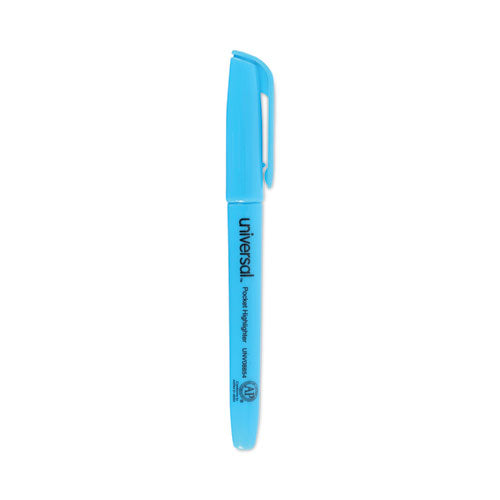 Image of Universal Pocket Highlighters, Fluorescent Blue Ink, Chisel Tip, Blue Barrel, Dozen