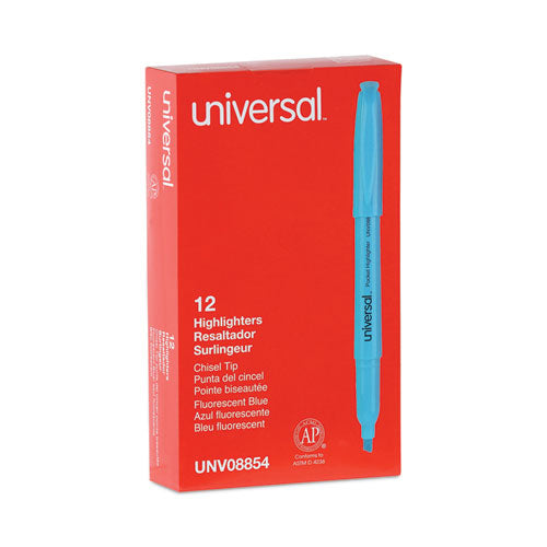 Image of Universal Pocket Highlighters, Fluorescent Blue Ink, Chisel Tip, Blue Barrel, Dozen